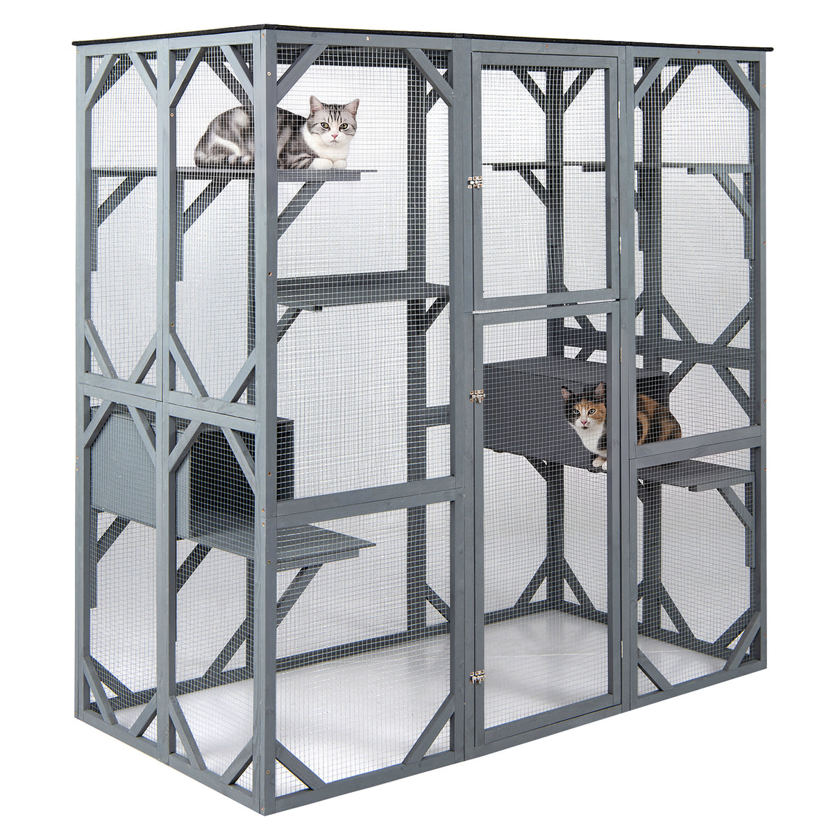 Large Fir Wood Outdoor Cat Enclosure with two napping houses, a spacious outdoor cat run with multiple levels