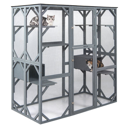 Large Fir Wood Outdoor Cat Enclosure with two napping houses, a spacious outdoor cat run with multiple levels
