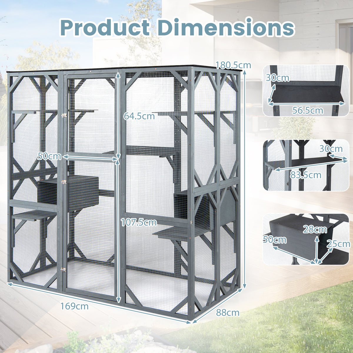 Product dimensions diagram for the large outdoor cat enclosure