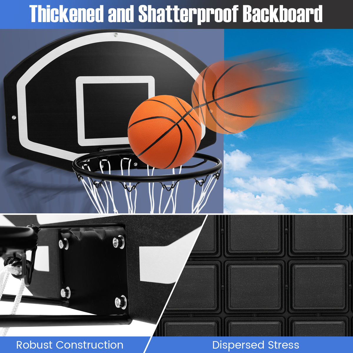Close-up of the backboard and net of the sport equipment with a basketball in motion