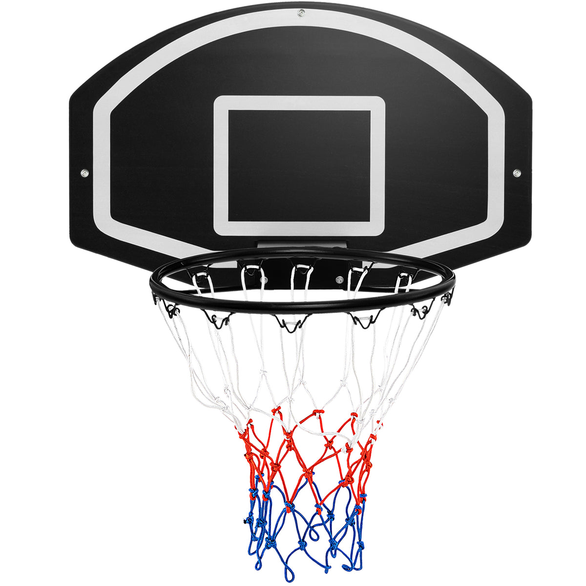 Close-up of the large indoor wall mounted basketball set with red, white and blue net