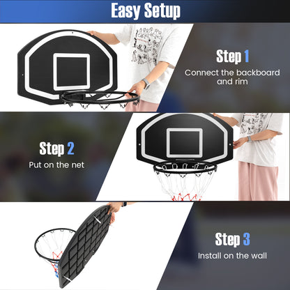 Three steps showing how to set up the indoor wall mounted basketball set