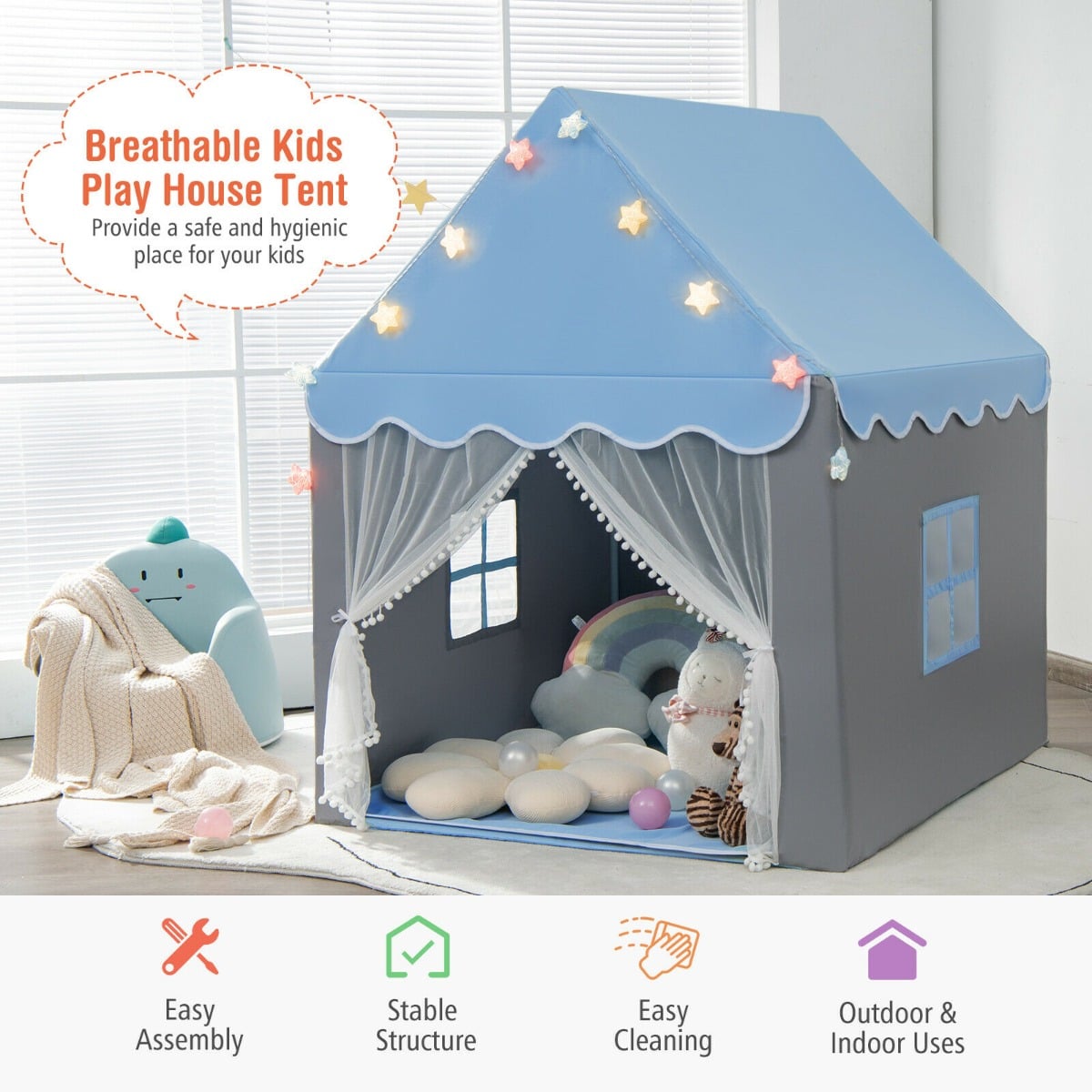 The blue and grey kids play house tent with star lights and decorative trim