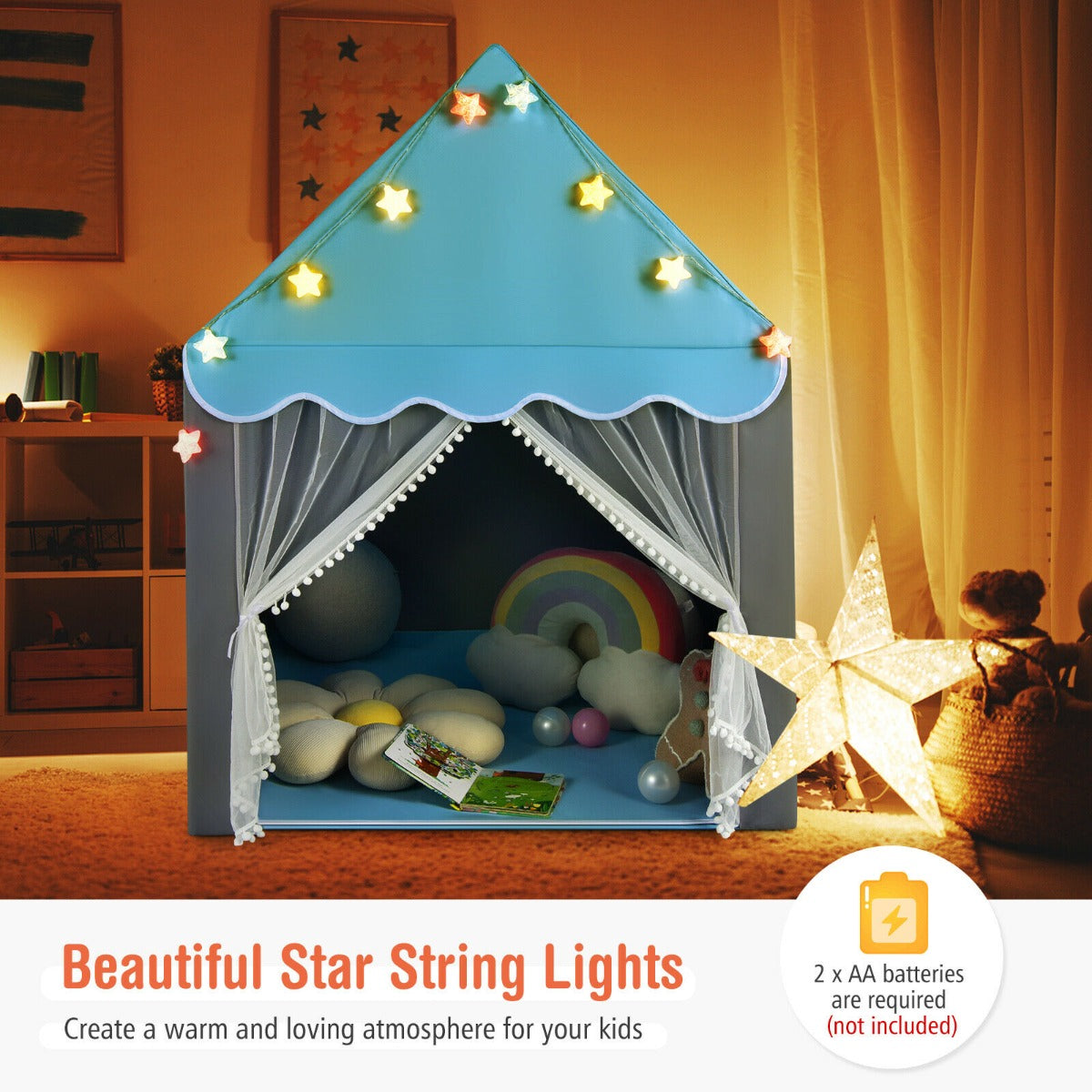 The play tent interior with star string lights and a large star decoration