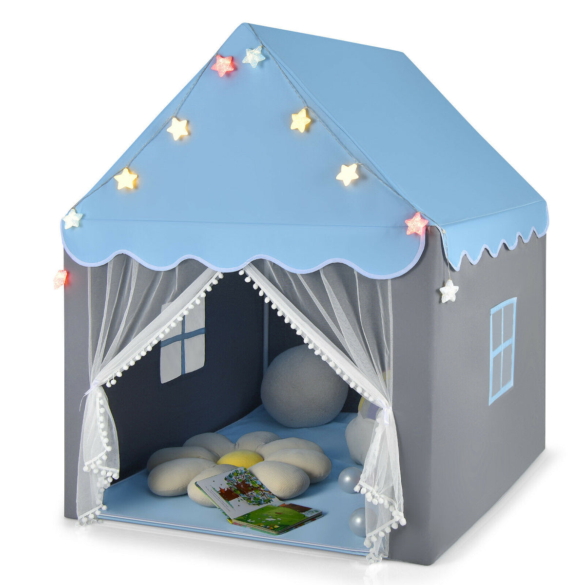 Large Kids Play House with blue roof and grey walls decorated with star lights