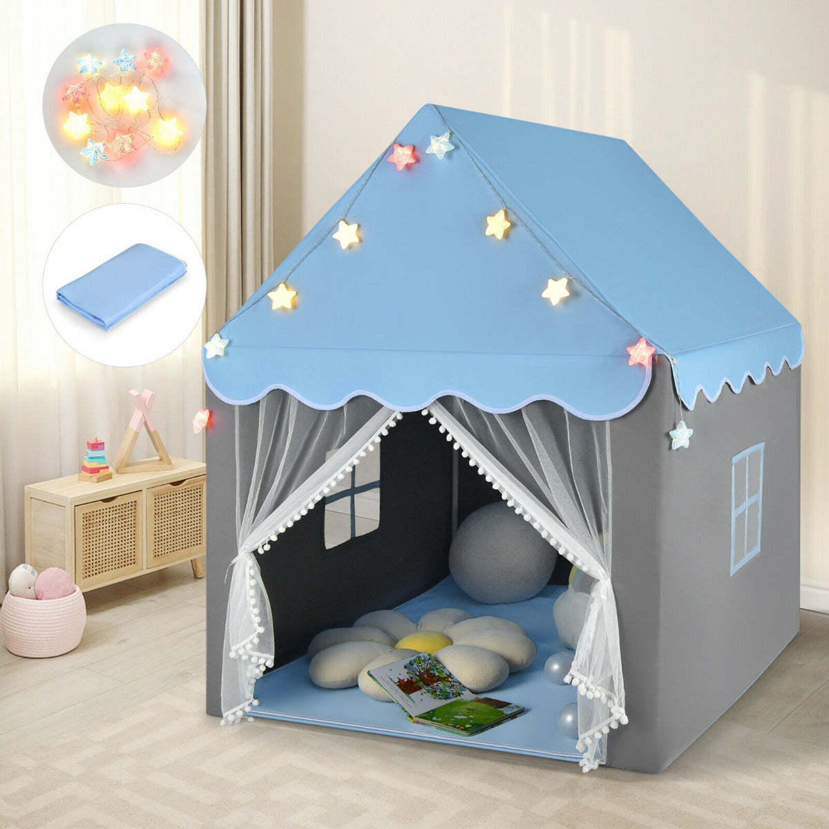The blue roofed play tent with star lights and white net curtains