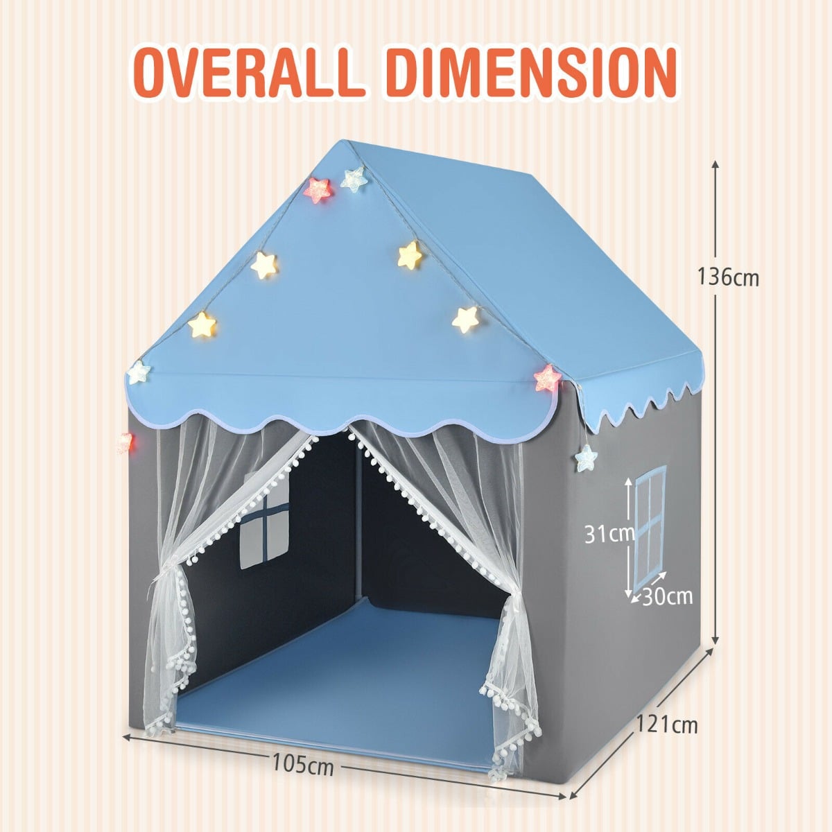 The blue and grey play tent with dimensions shown in cm