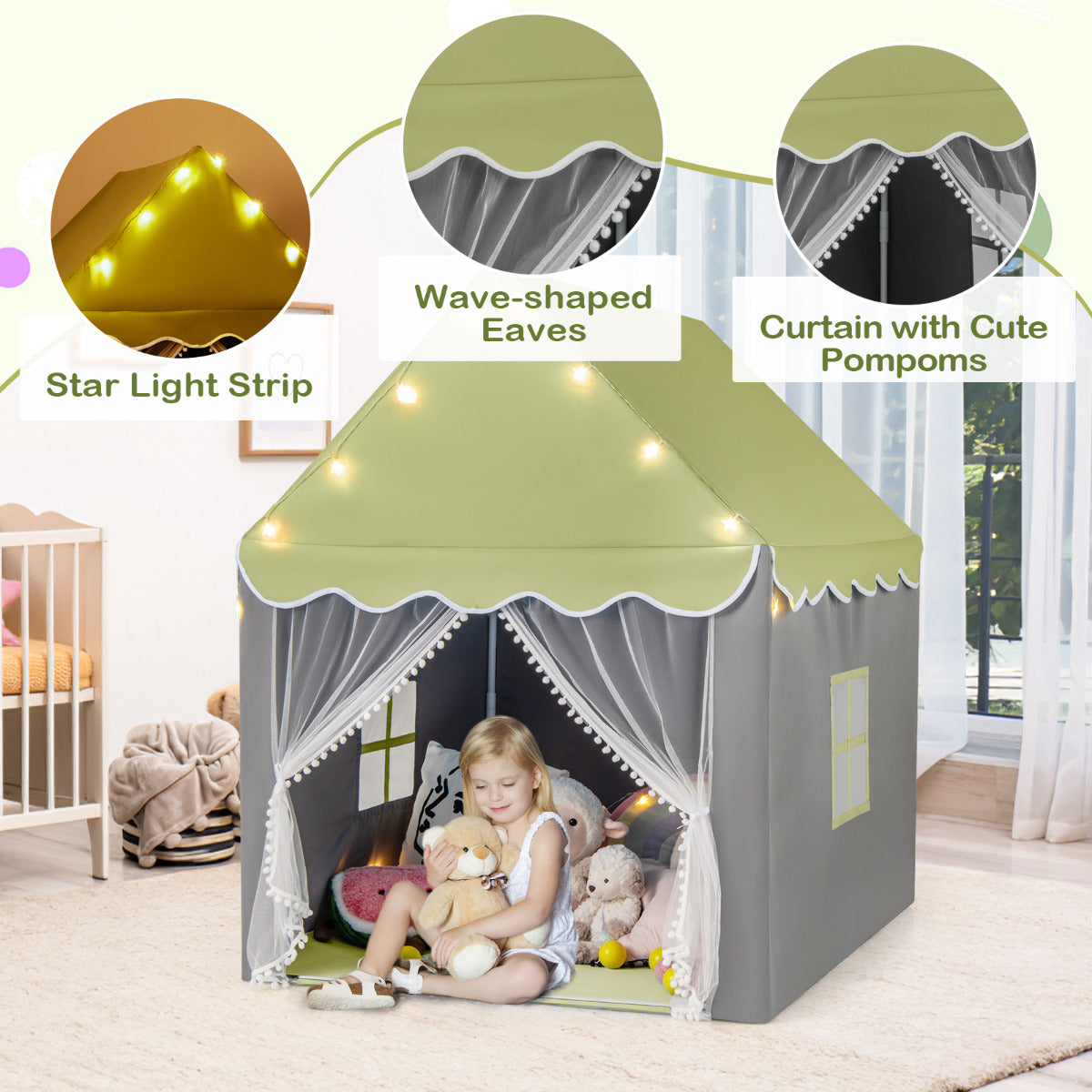 Close up views of the play tent features including star lights and curtains
