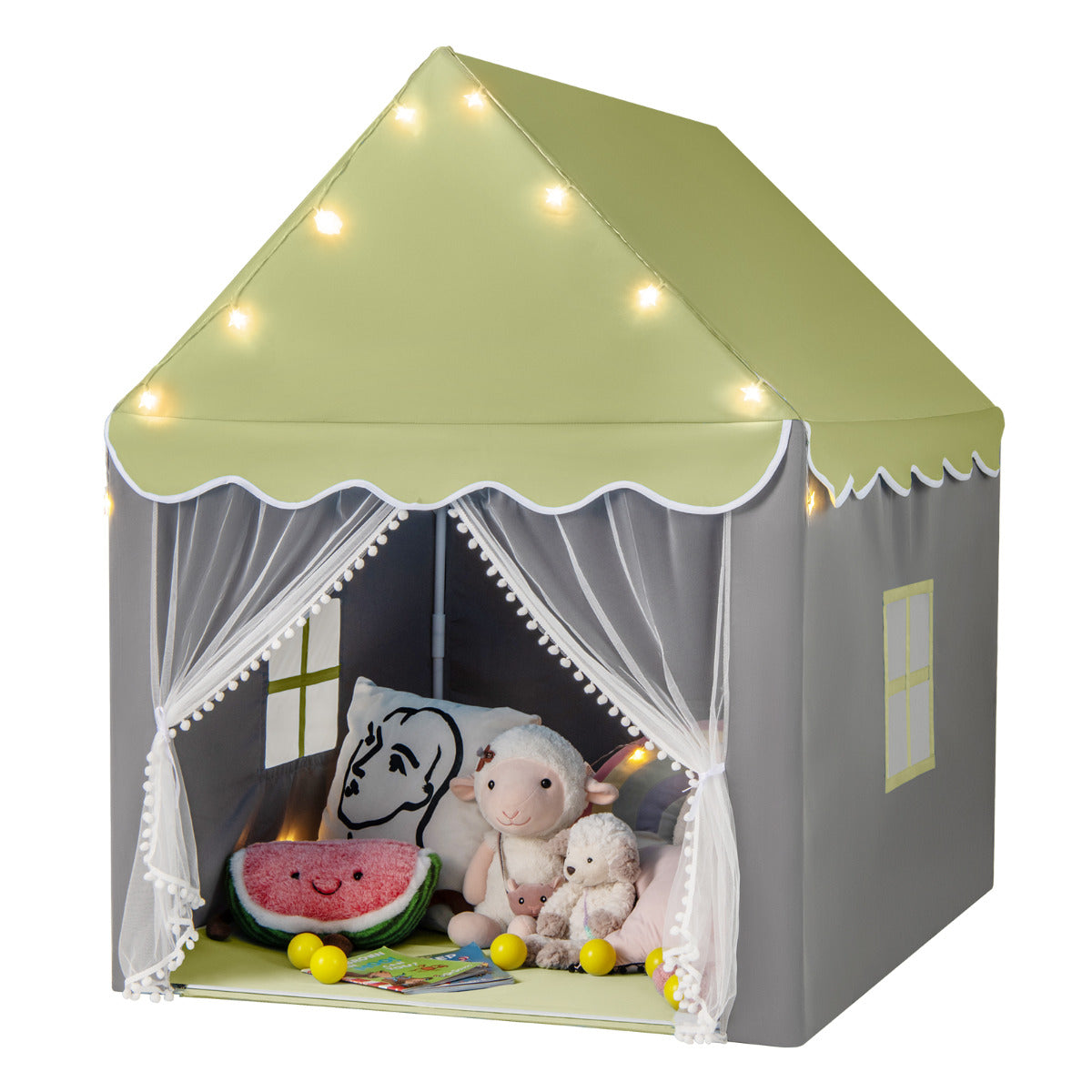 Large Kids Play House in light green with white trim and star lights