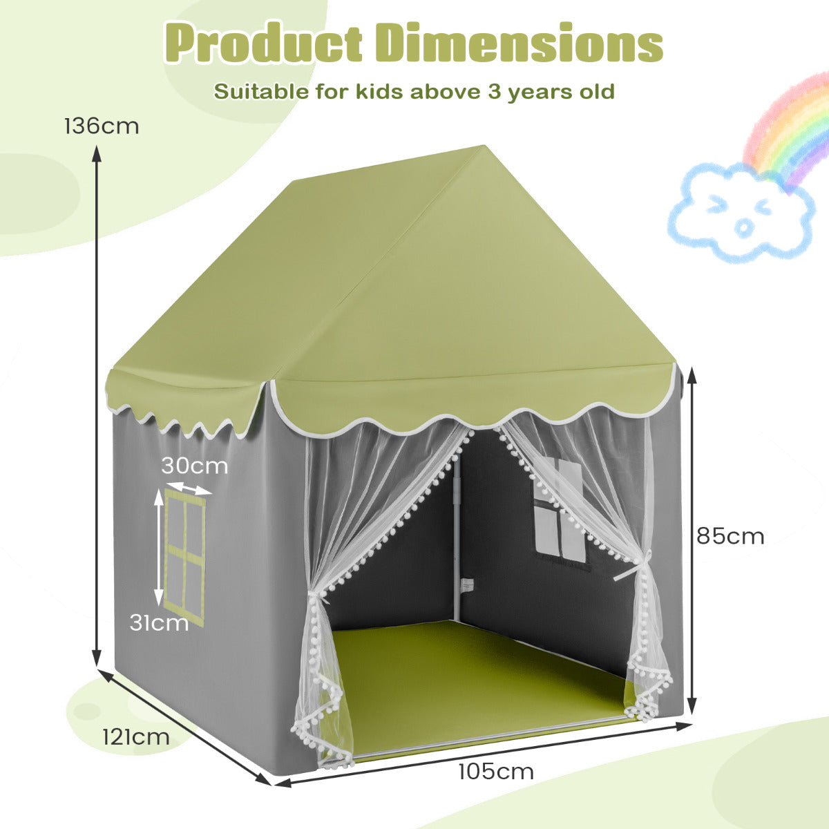 The large kids play house has a light green roof and grey walls with dimensions shown