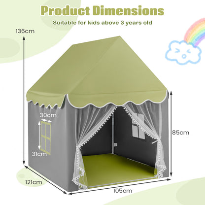 The large kids play house has a light green roof and grey walls with dimensions shown