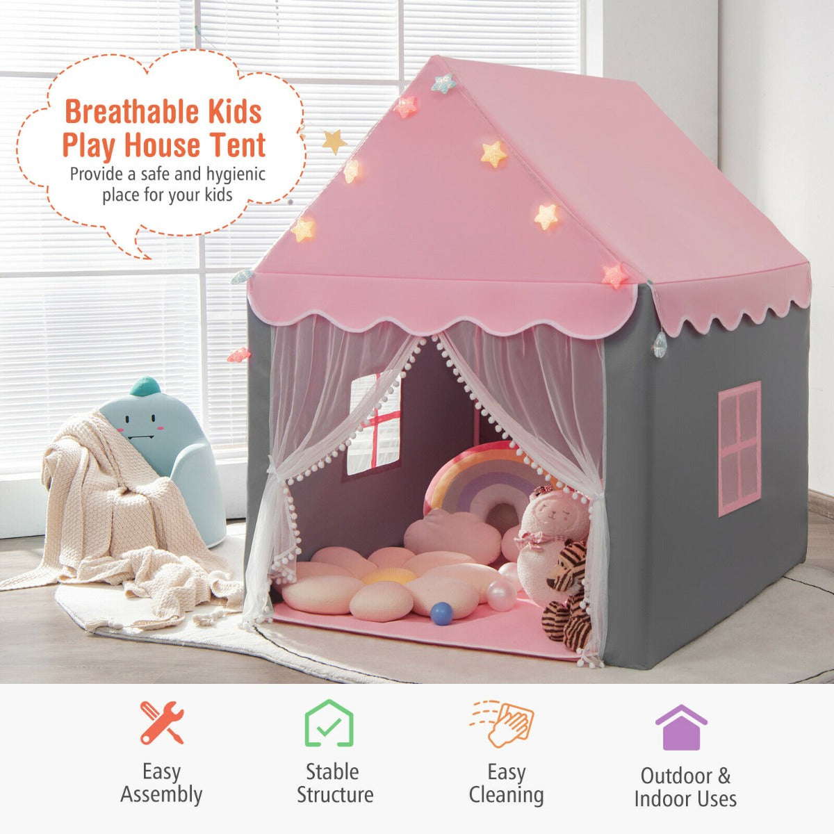 The play tent in a room with icons below highlighting assembly and cleaning features