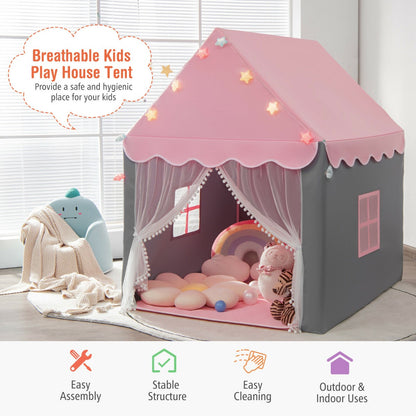 The play tent in a room with icons below highlighting assembly and cleaning features