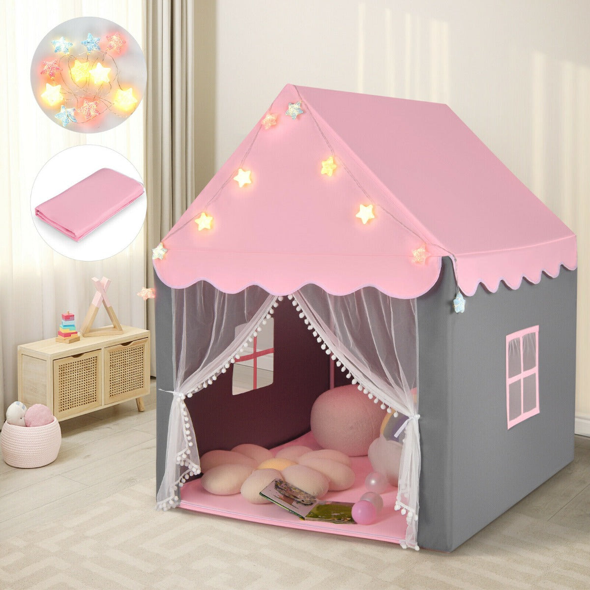 The play tent shown in a room with circular insets displaying the star lights and folded mat