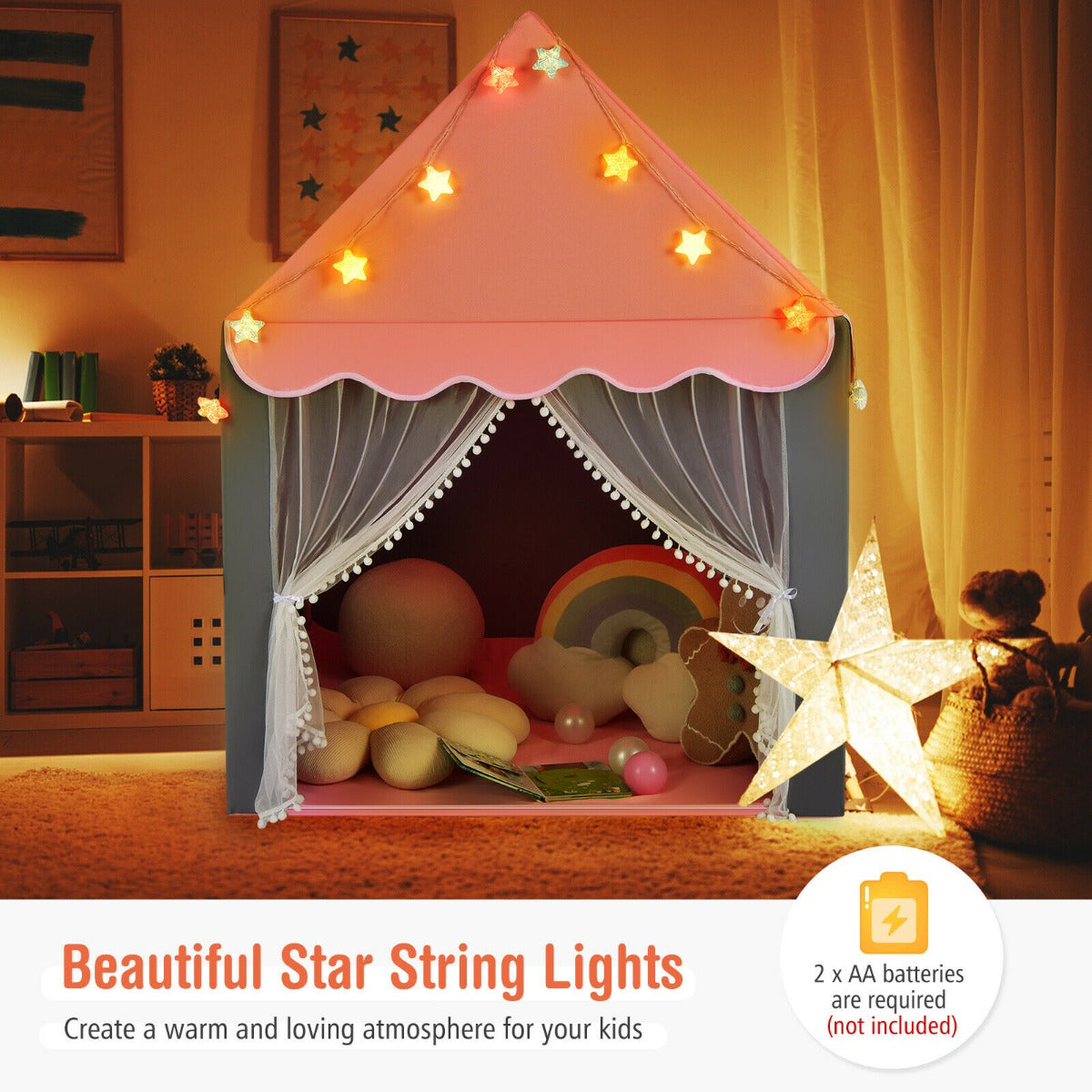 The play tent illuminated by star lights with a battery requirement icon in the corner