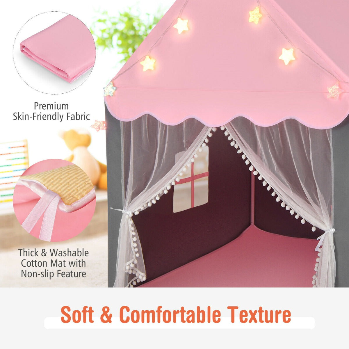 The play tent with insets showing the fabric texture and the washable floor mat details