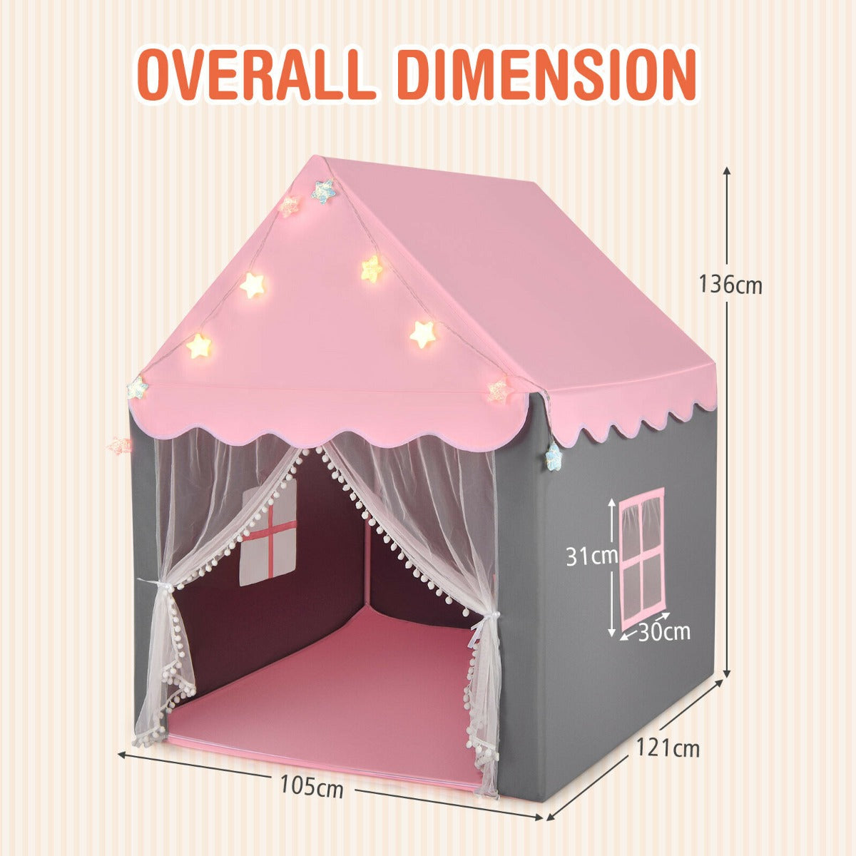 The play tent with arrows and labels indicating the height, width and depth dimensions
