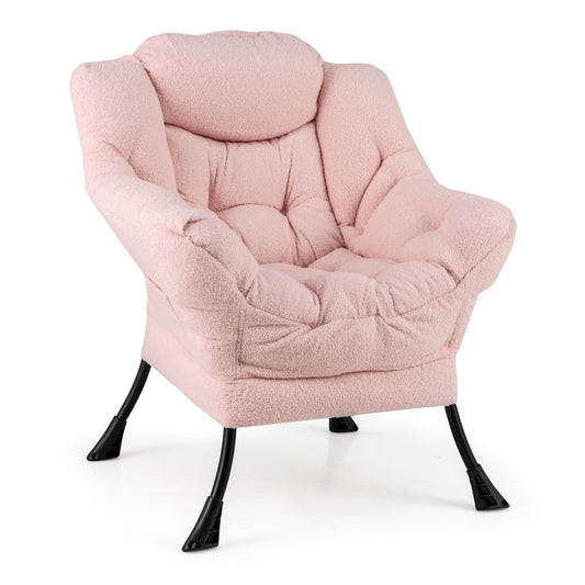 Large Lazy Chair in pink fluffy fabric with black metal legs