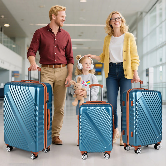 Family with three blue suitcases at an airport terminal