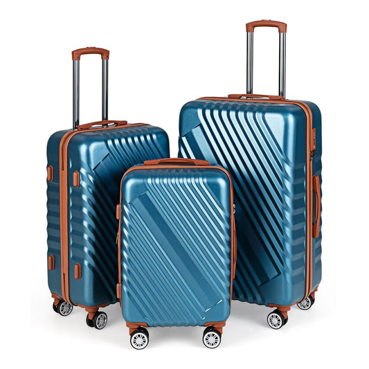Large/Medium/Small Carry on Suitcase Sets in blue with brown trim and premium wheels