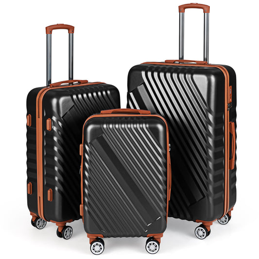 Large/Medium/Small Carry on Suitcase Sets in black with orange trim and wheels