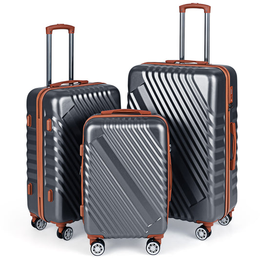 Large/Medium/Small Carry on Suitcase Sets in grey with brown trim and wheels