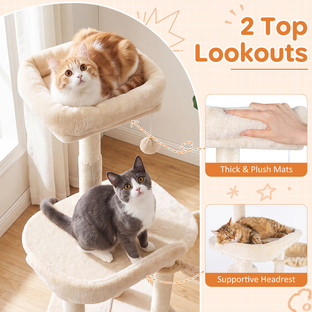 Close up of the beige multi-level cat tree with cats relaxing