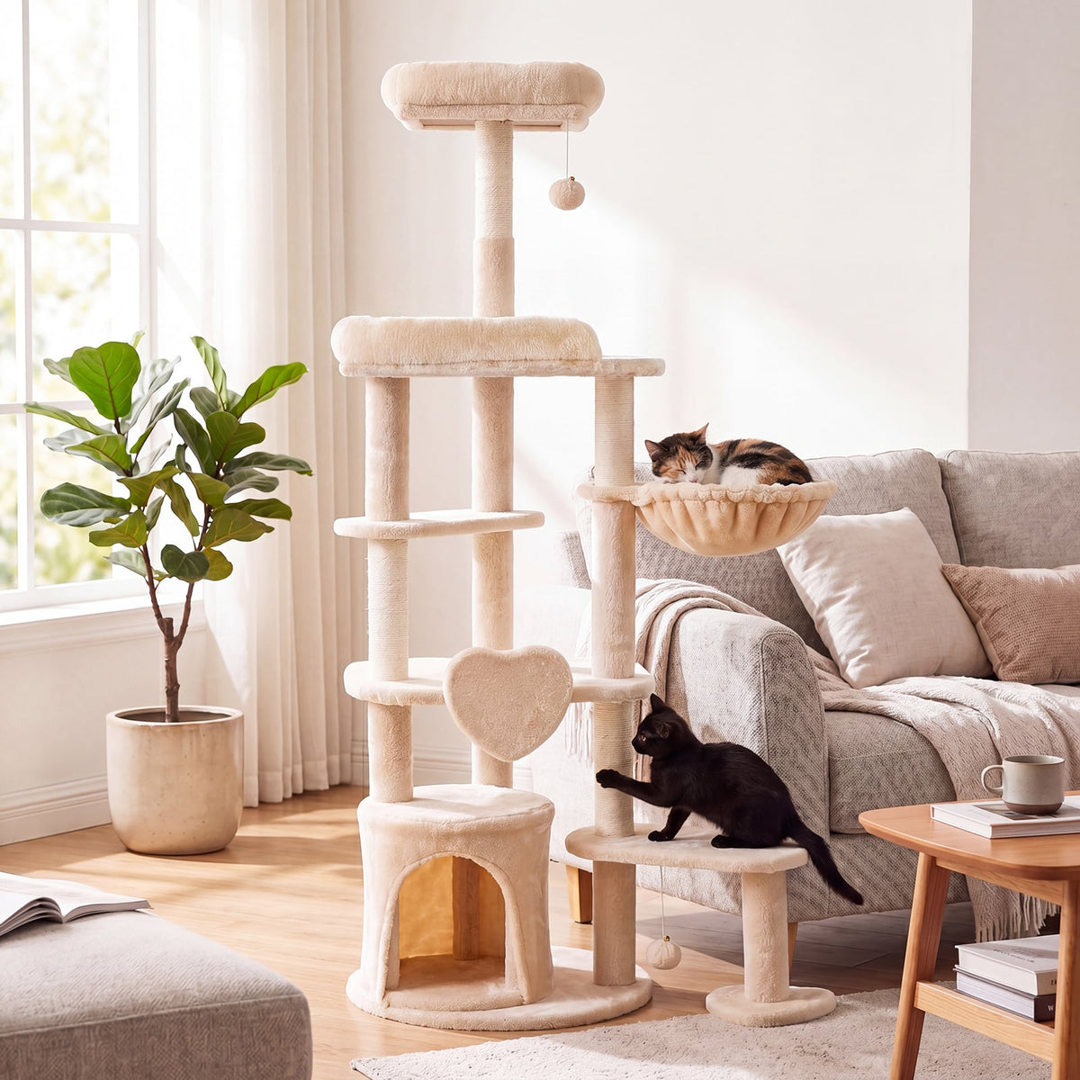Beige multi-level cat tree with scratching posts in a living room with cats playing