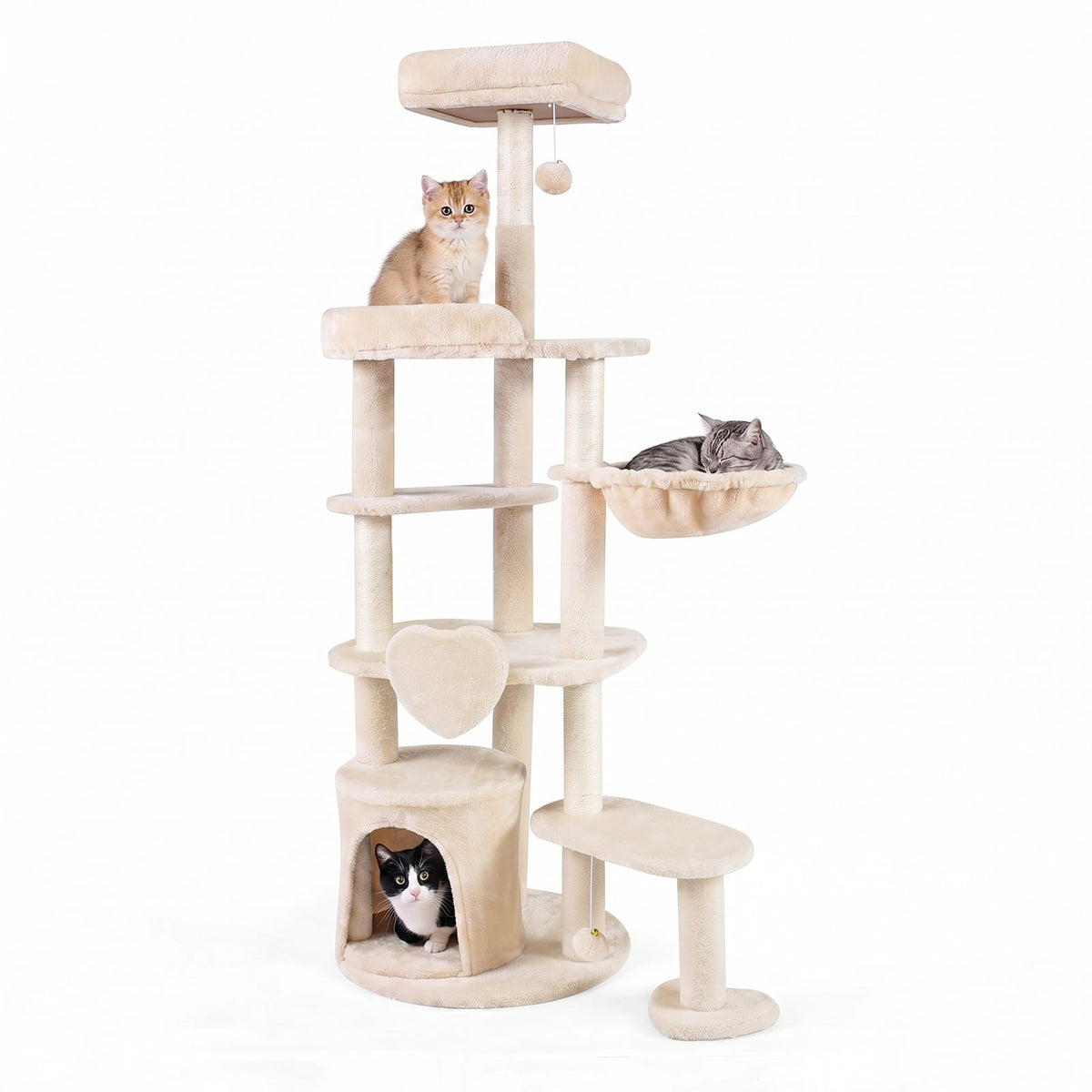 Large Multi-Level Cat Tree with Sisal-Covered Scratching Posts in beige with multiple platforms and a cat house