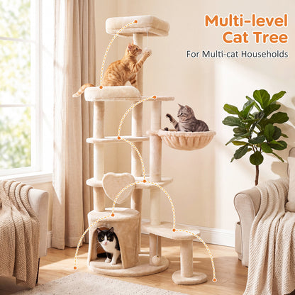 Multi-level cat tree in beige with cats on different levels