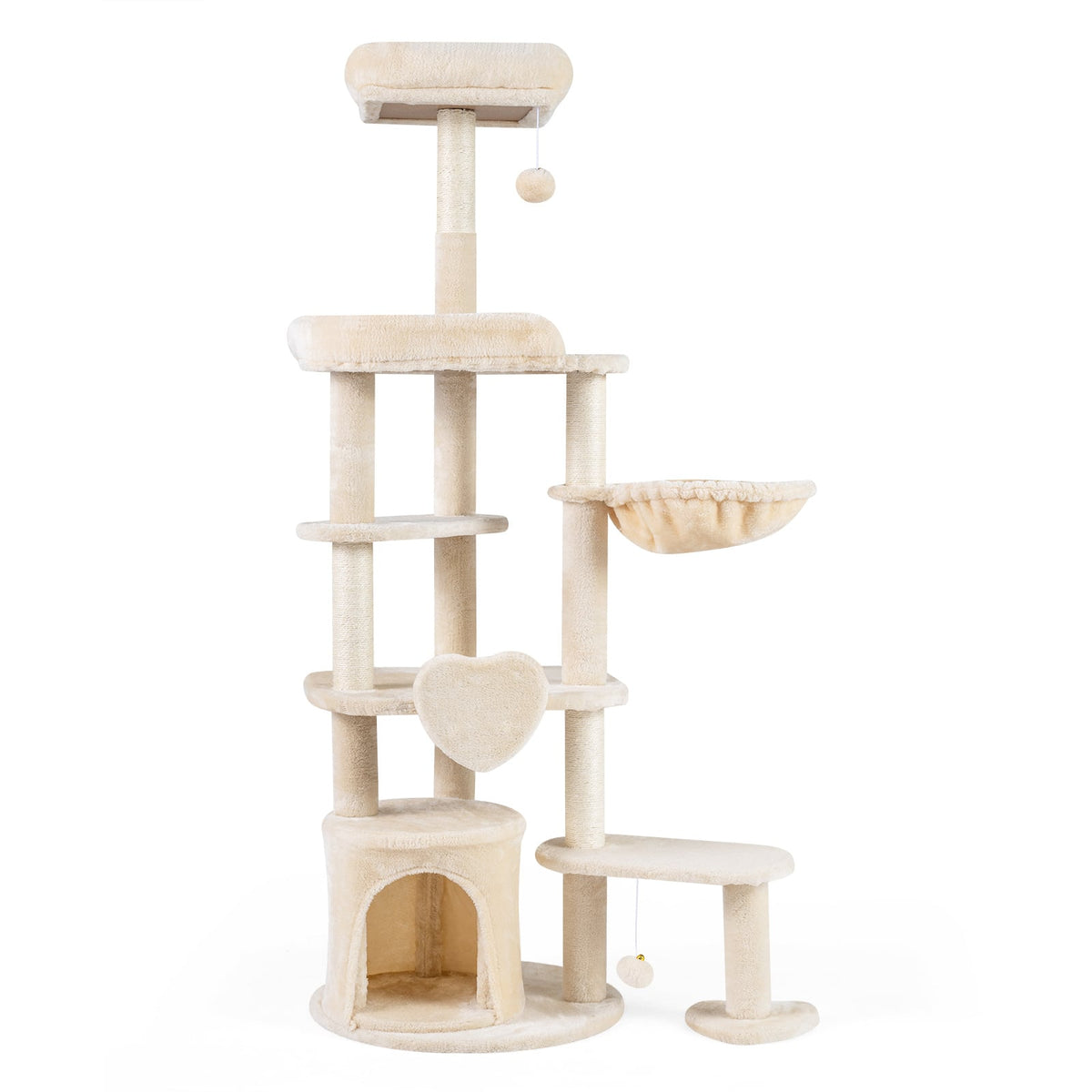 Beige multi-level cat tree with scratching posts and hanging toys
