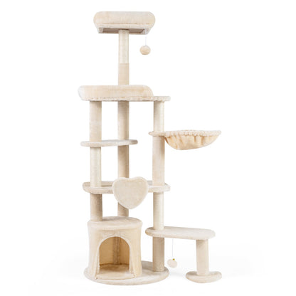 Beige multi-level cat tree with scratching posts and hanging toys