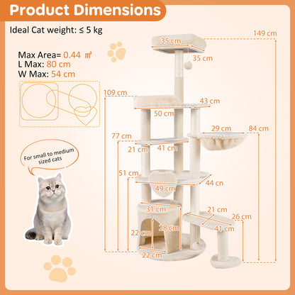 Size diagram for the beige multi-level cat tree showing dimensions