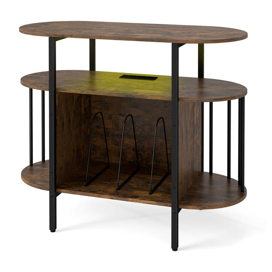 Large Record Player Stand with two oval shelves and metal legs, featuring a central section for vinyl records