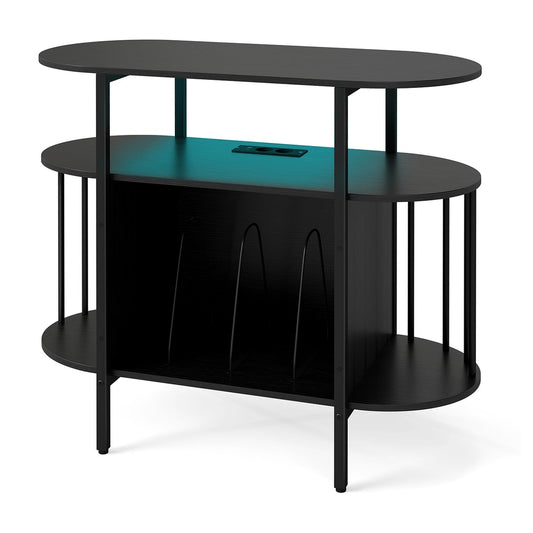 Large Record Player Stand with oval shelves and vertical supports, shown in black
