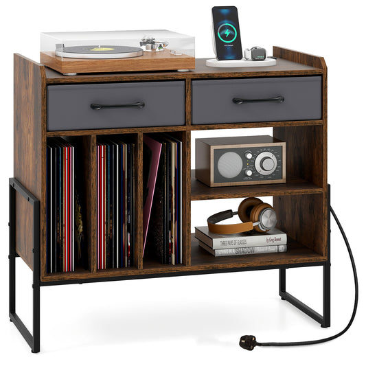 Large Record Player Stand with vinyl records, a turntable, and a charging station on top