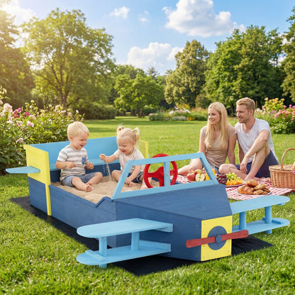 A family enjoying the large wooden kids sandbox with bottom liner and bench seat in a garden