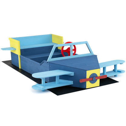 Large Wooden Kids Sandbox with bottom liner and bench seat in blue and yellow, shaped like an airplane