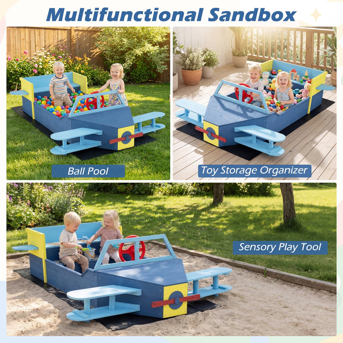 Multifunctional sandbox shown as ball pool, toy storage organiser and sensory play tool