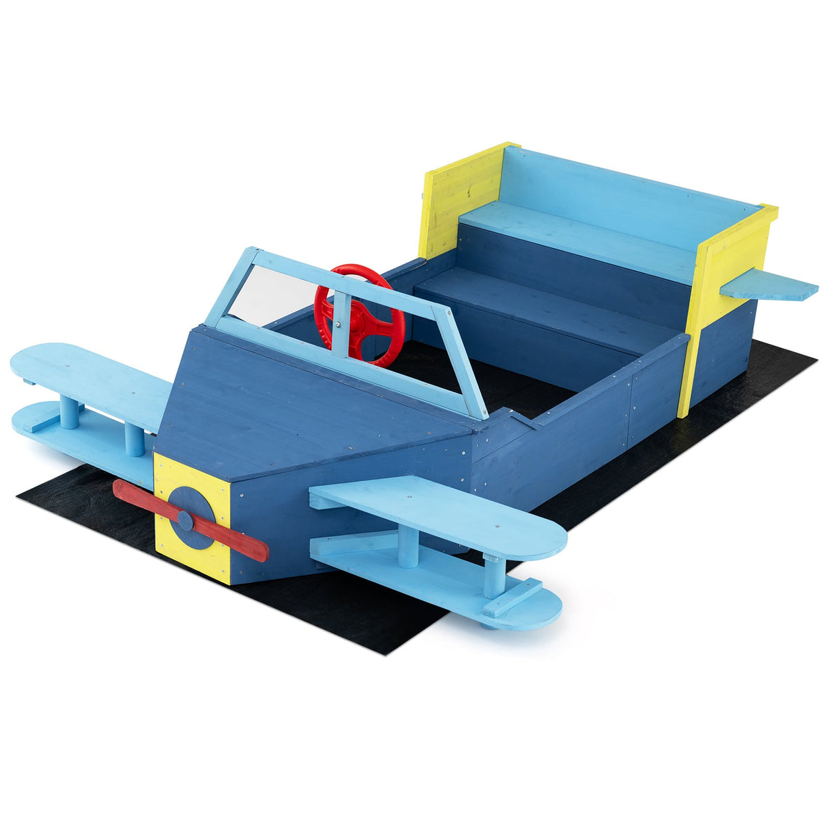 Rear view of the large wooden kids sandbox with bottom liner and bench seat, blue and yellow