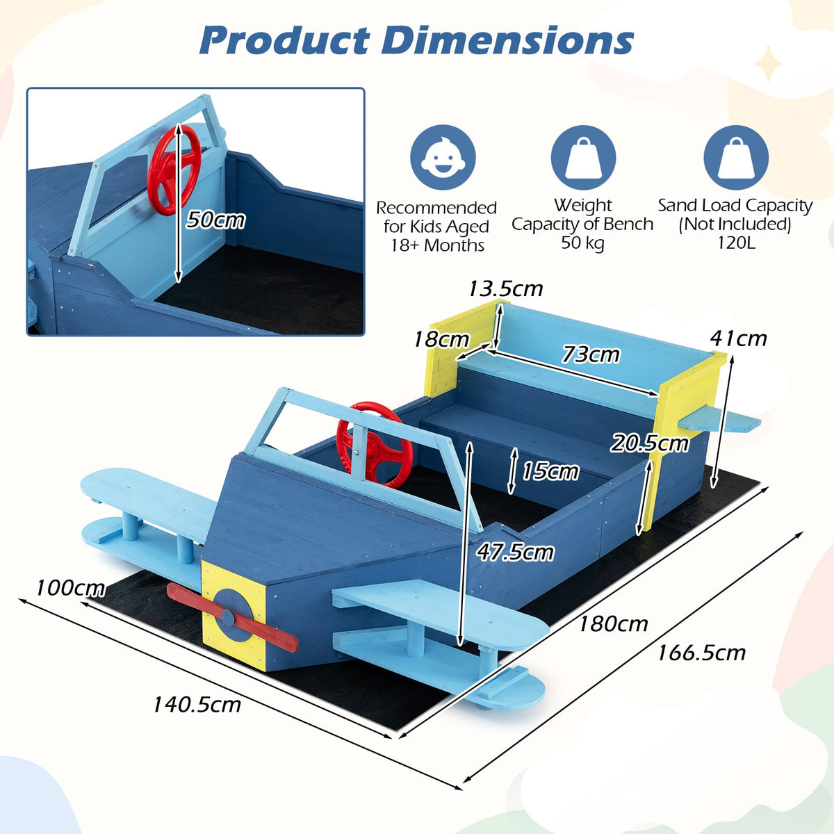 Product dimensions diagram for the large wooden kids sandbox with bottom liner and bench seat