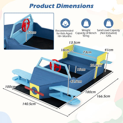 Product dimensions diagram for the large wooden kids sandbox with bottom liner and bench seat