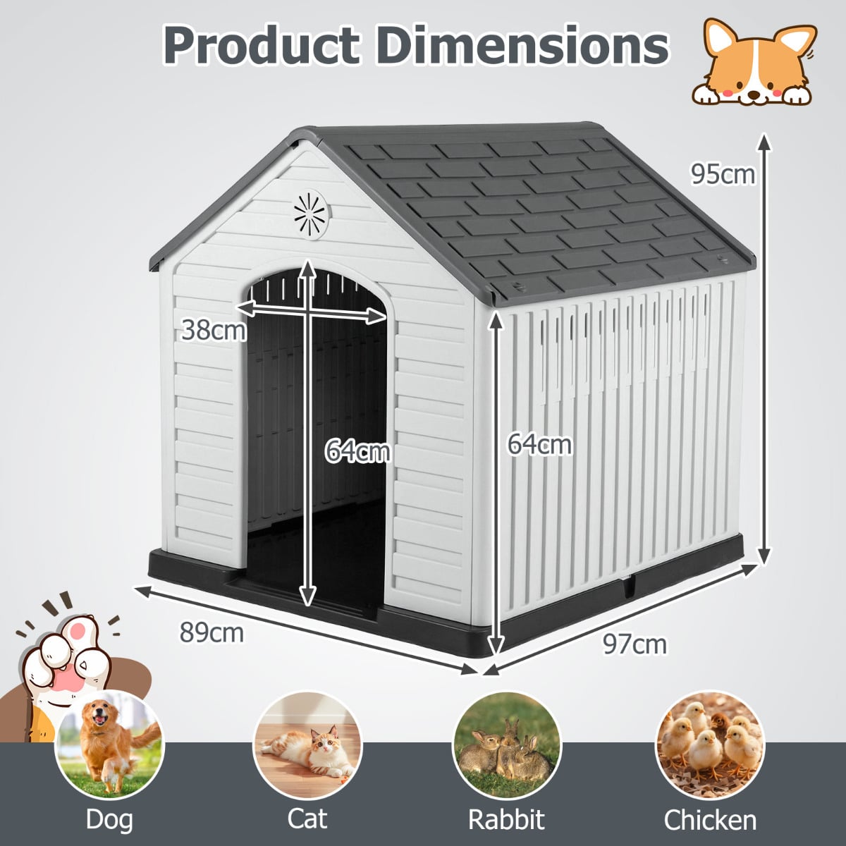 Large Plastic Dog House Waterproof Pet Shelter with Air Vents-Grey
