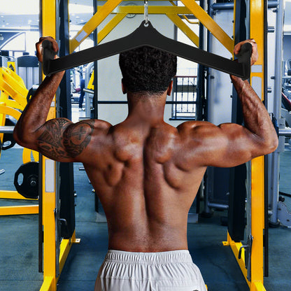 Man performing a lat pulldown exercise using a straight bar attachment