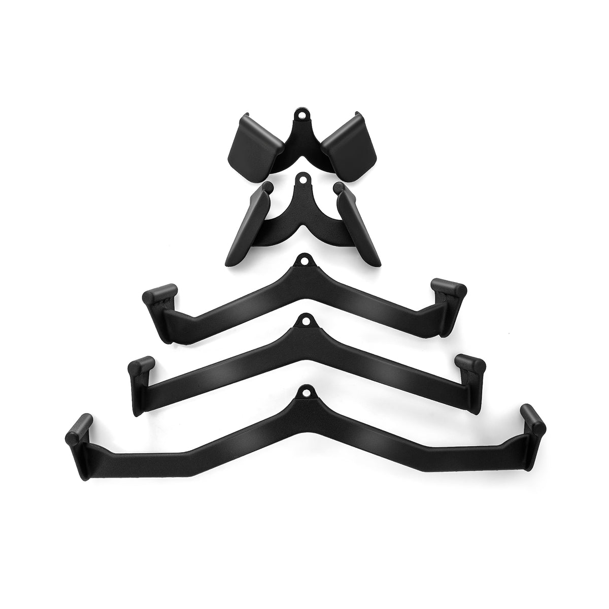 LAT Pulldown Attachment Set showing five different black metal bars and handles for weight machines