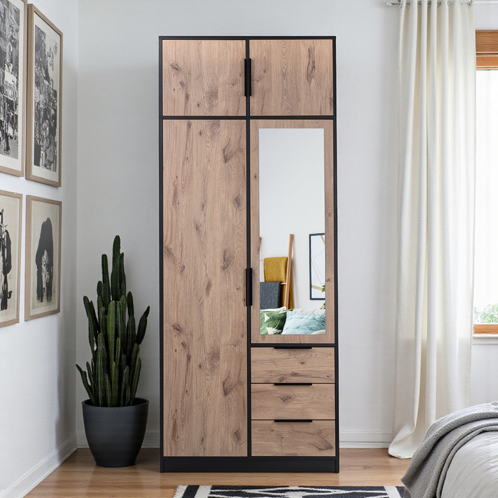 Lati D2 Mirrored Hinged Door Wardrobe 100cm (LATI-D2) in Oak Viking