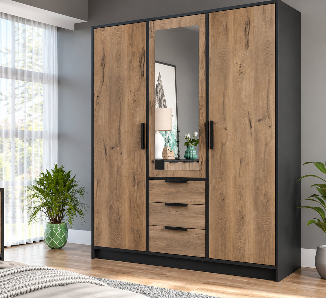 Lati D3 Mirrored Hinged Door Wardrobe 149cm (LATI-D3) in Oak Viking