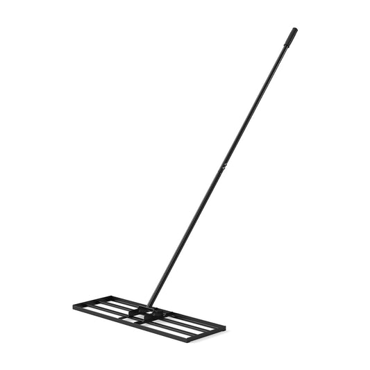 Lawn Leveling Rake Heavy Duty Lawn Level Tool black frame with a long handle on a white background
