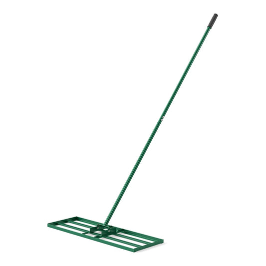Lawn Leveling Rake Heavy Duty Lawn Level Tool with a long green handle and a wide rectangular metal head