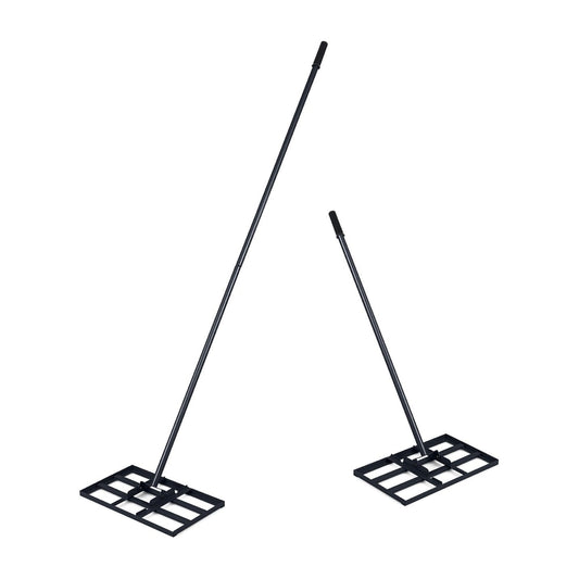 Lawn Leveling Rake Heavy-Duty Metal Levelawn Tool with Plate, showing two rakes of different sizes against a white background